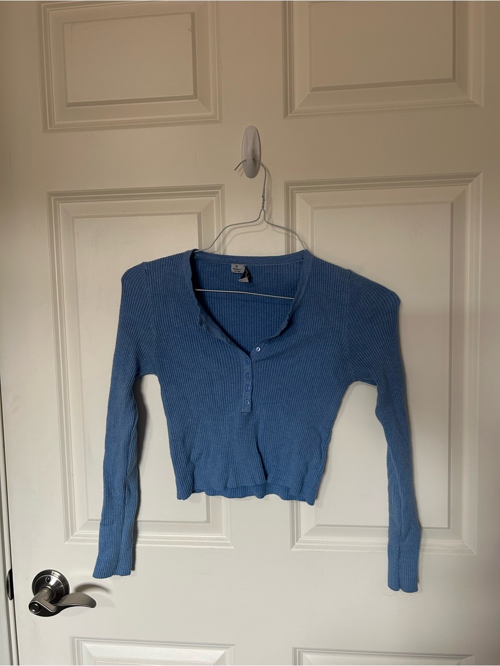 Ribbed Long-Sleeve Henley Crop Top - Blue